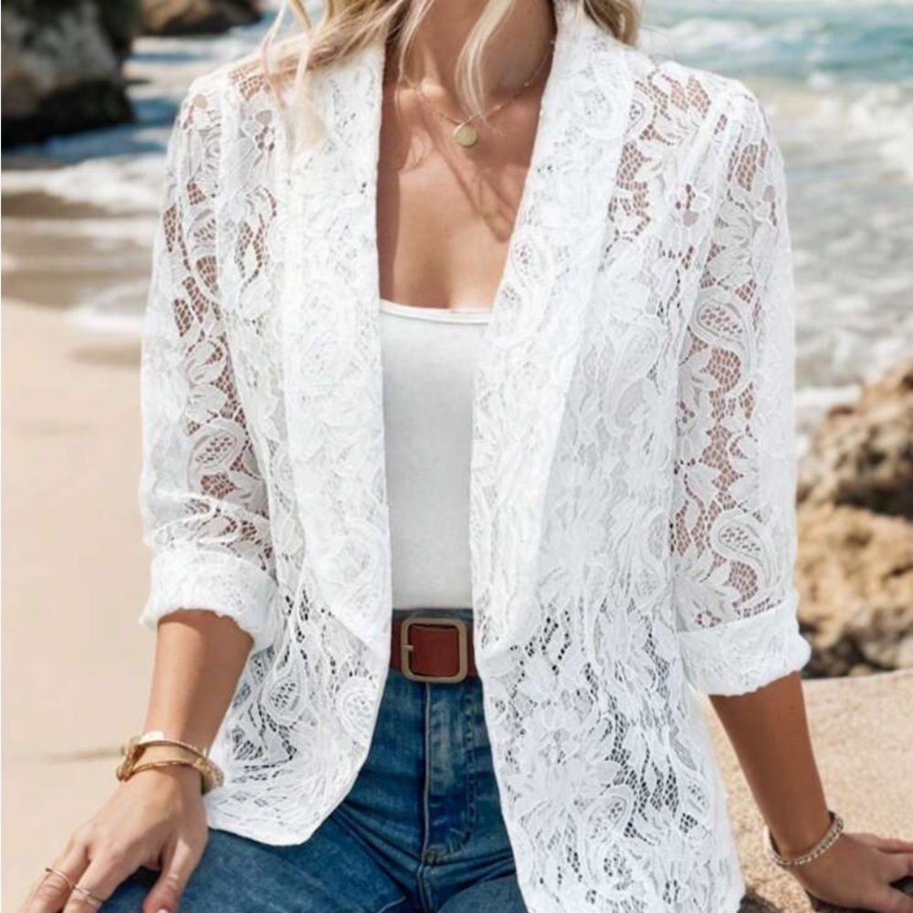 New white lace 3/4 length sleeve cardigan